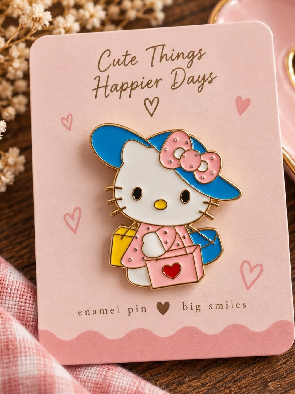 Hello Kitty Blue & Pink Enamel Pin with Yellow Accents